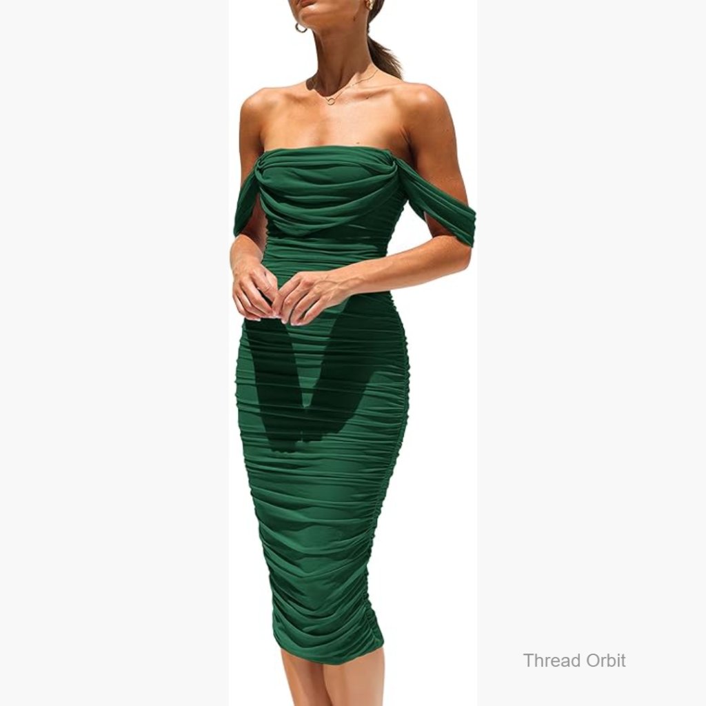 Off Shoulder Ruched Bodycon Midi Dress Wedding Guest Cocktail Party